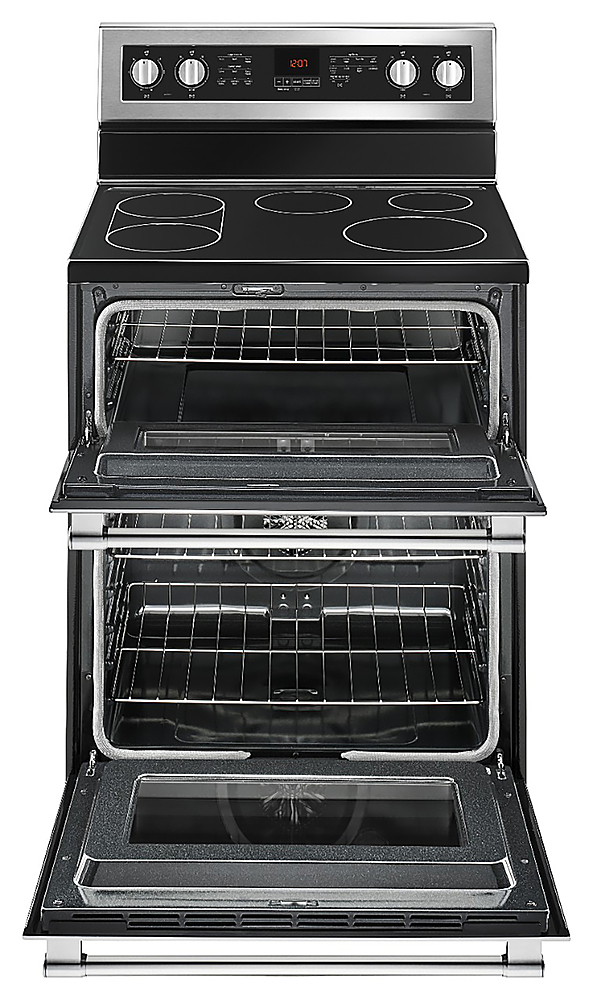 Angle View: Maytag - 6.7 Cu. Ft. Self-Cleaning Freestanding Fingerprint Resistant Double Oven Electric Convection Range - Stainless steel