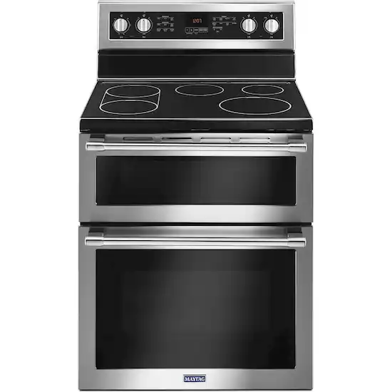 Front. Maytag - 6.7 Cu. Ft. Self-Cleaning Freestanding Fingerprint Resistant Double Oven Electric Convection Range - Stainless Steel.