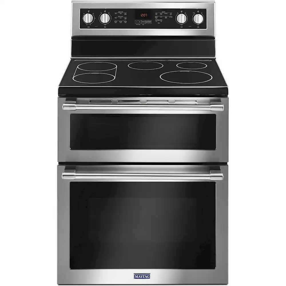 Front. Maytag - 6.7 Cu. Ft. Self-Cleaning Freestanding Fingerprint Resistant Double Oven Electric Convection Range - Stainless Steel.
