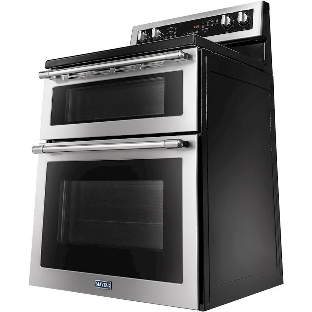 Left View: Maytag - 6.7 Cu. Ft. Self-Cleaning Freestanding Fingerprint Resistant Double Oven Electric Convection Range - Stainless steel
