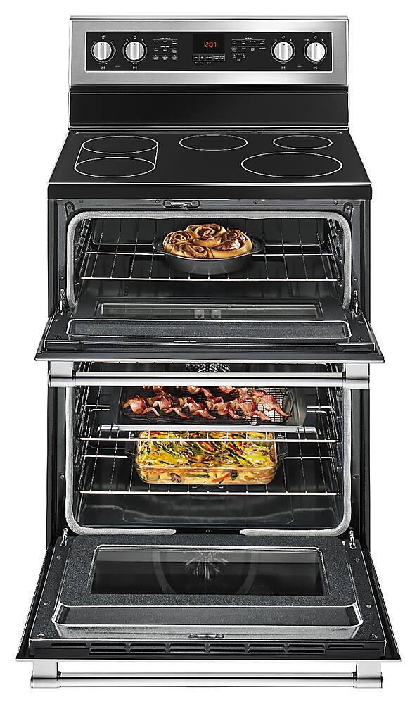 Left. Maytag - 6.7 Cu. Ft. Self-Cleaning Freestanding Fingerprint Resistant Double Oven Electric Convection Range - Fingerprint Resistant Stainless Steel.