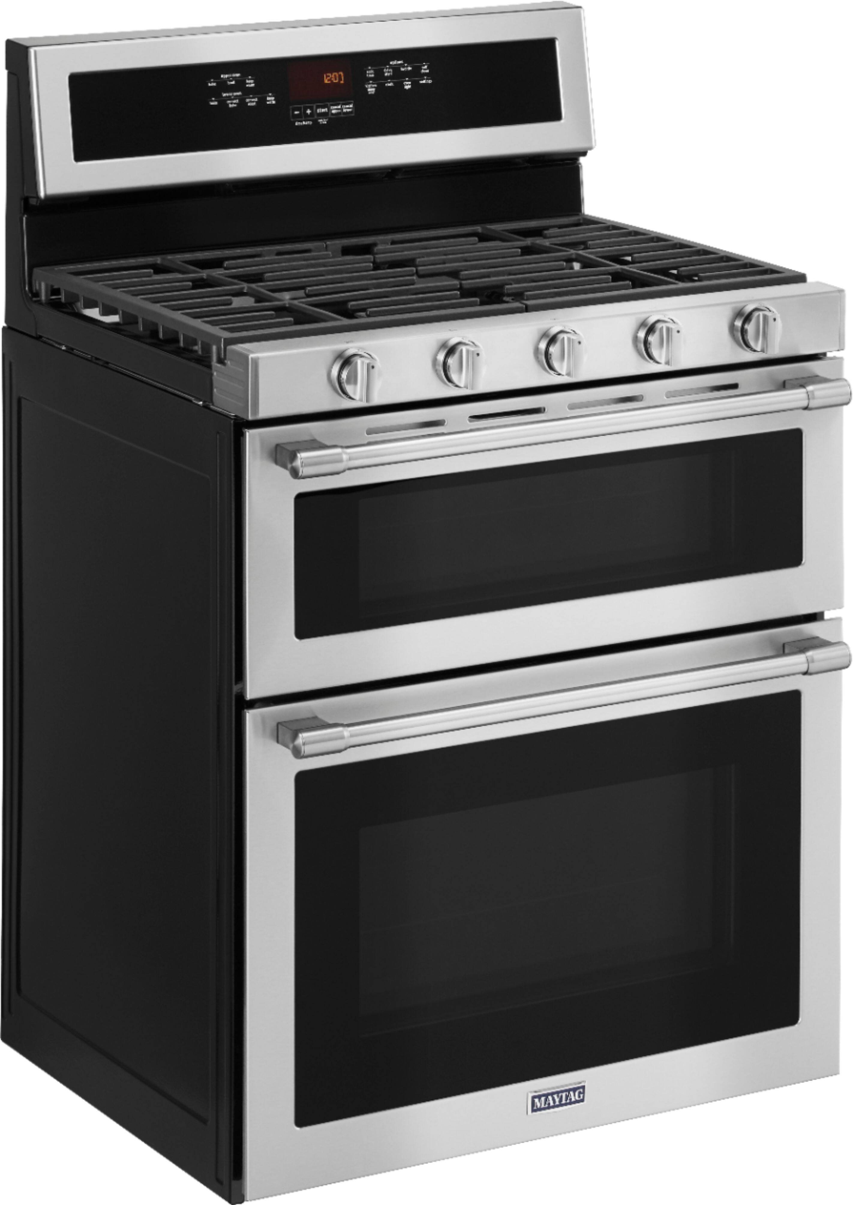 Angle. Maytag - 6.0 Cu. Ft. Self-Cleaning Freestanding Fingerprint Resistant Double Oven Gas Convection Range - Stainless steel.