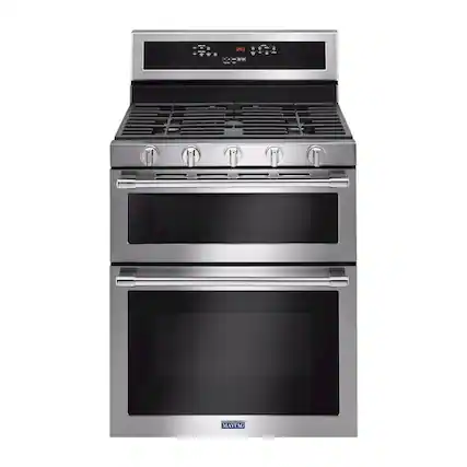 Front. Maytag - 6.0 Cu. Ft. Self-Cleaning Freestanding Fingerprint Resistant Double Oven Gas Convection Range - Stainless steel.