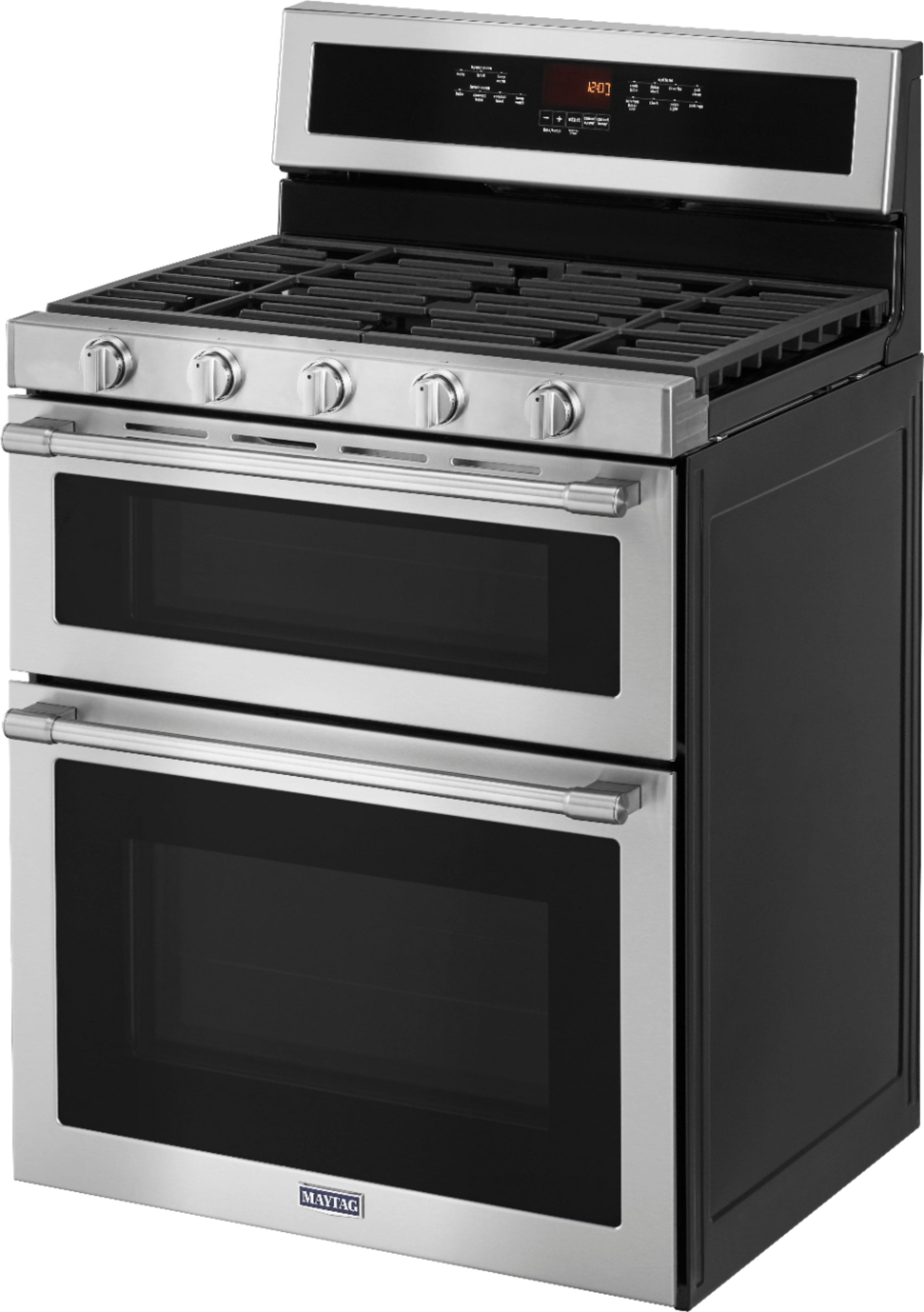 Left. Maytag - 6.0 Cu. Ft. Self-Cleaning Freestanding Fingerprint Resistant Double Oven Gas Convection Range - Stainless steel.