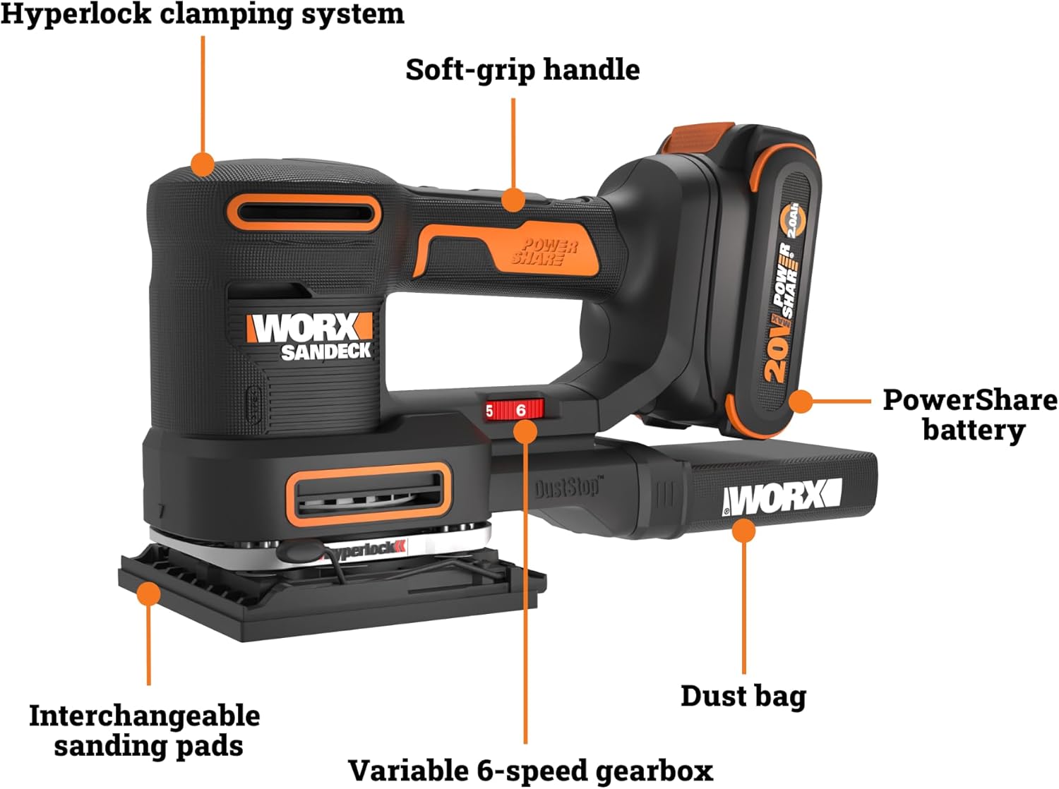 Hyperlock clamping system  
Soft-grip handle  
WORX SANDECK  
20V POWER SHARE  
DustStop 2.0Ah battery  
PowerShare battery  
Interchangeable sanding pads  
Variable 6-speed gearbox  
Dust bag
