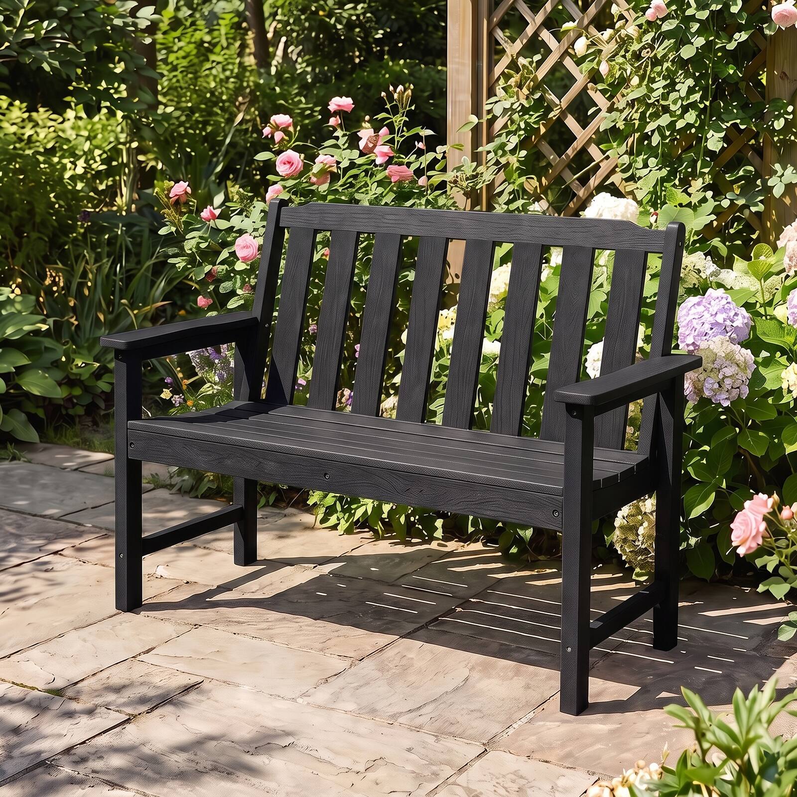 Alt View 1. Gymax - Gymax 2-Person All Weather HDPE Outdoor Garden Bench w/Backrest & Armrests for Lawn Black - Black.