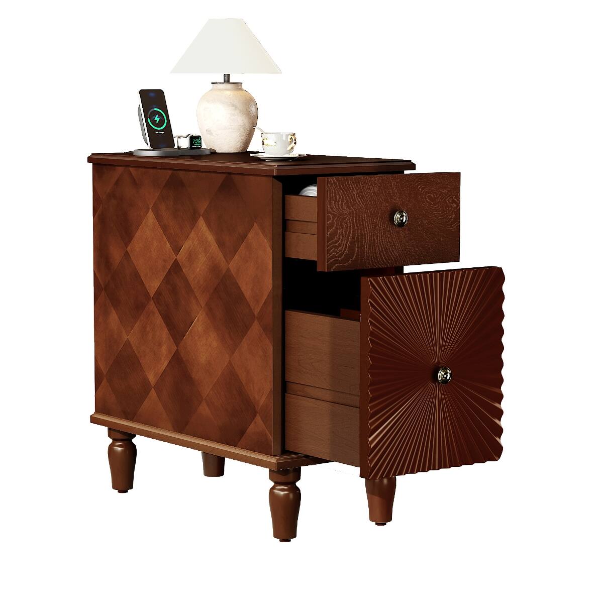 Alt View 4. Loheer - Loheer Two Drawer Nightstand, Walnut Narrow Sofa Side Table with Charging Station for Bedroom or Living Room - Walnut.