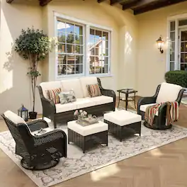 Ovios - 6 PCS Outdoor Patio Furniture Set with High Back Sofa, Ottoman & Swivel Chairs - Beige(Brown Wicker)