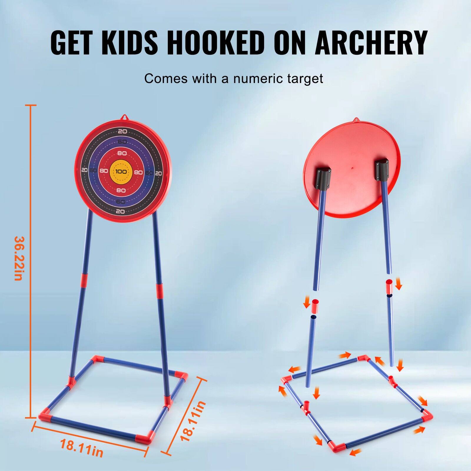 GET KIDS HOOKED ON ARCHERY  
Comes with a numeric target  

20 50 80 100 80 20  
BO 50  

36.22in  
18.11in  
18.11in