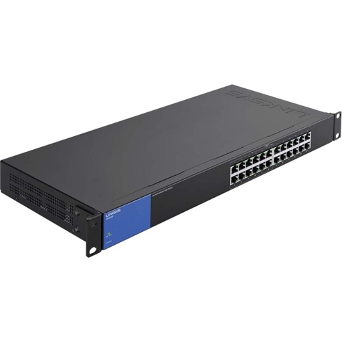 Left View: Linksys - 24-Port 10/100/1000 Gigabit Switch - Black/Blue