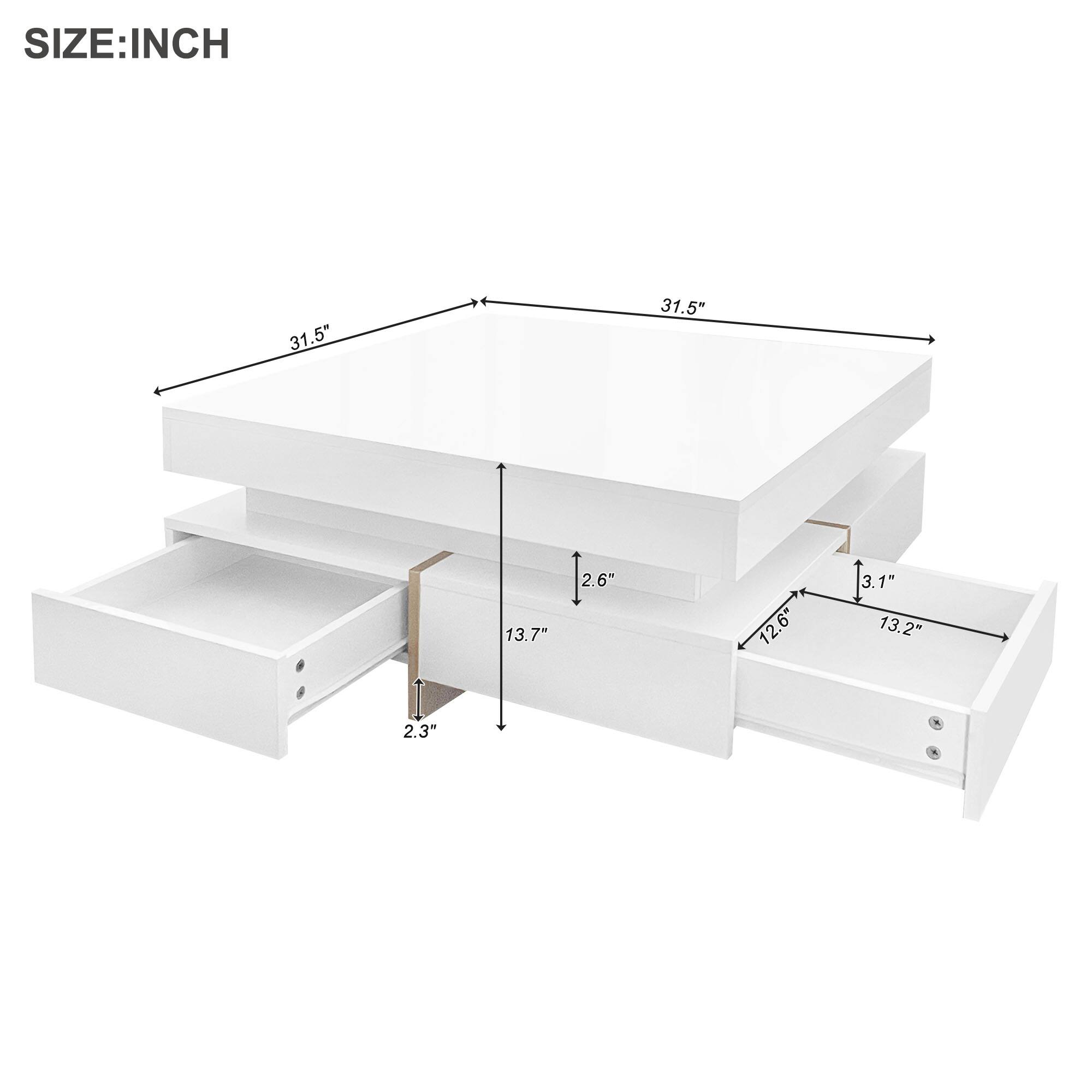 SIZE: INCH

- Length: 31.5"
- Width: 31.5"
- Height: 12.6"
- Drawer Height: 2.6"
- Drawer Depth: 13.2"
- Drawer Width: 13.7"
- Drawer Height: 3.1"
- Drawer Width: 3.1"
- Shelf Height: 2.3"