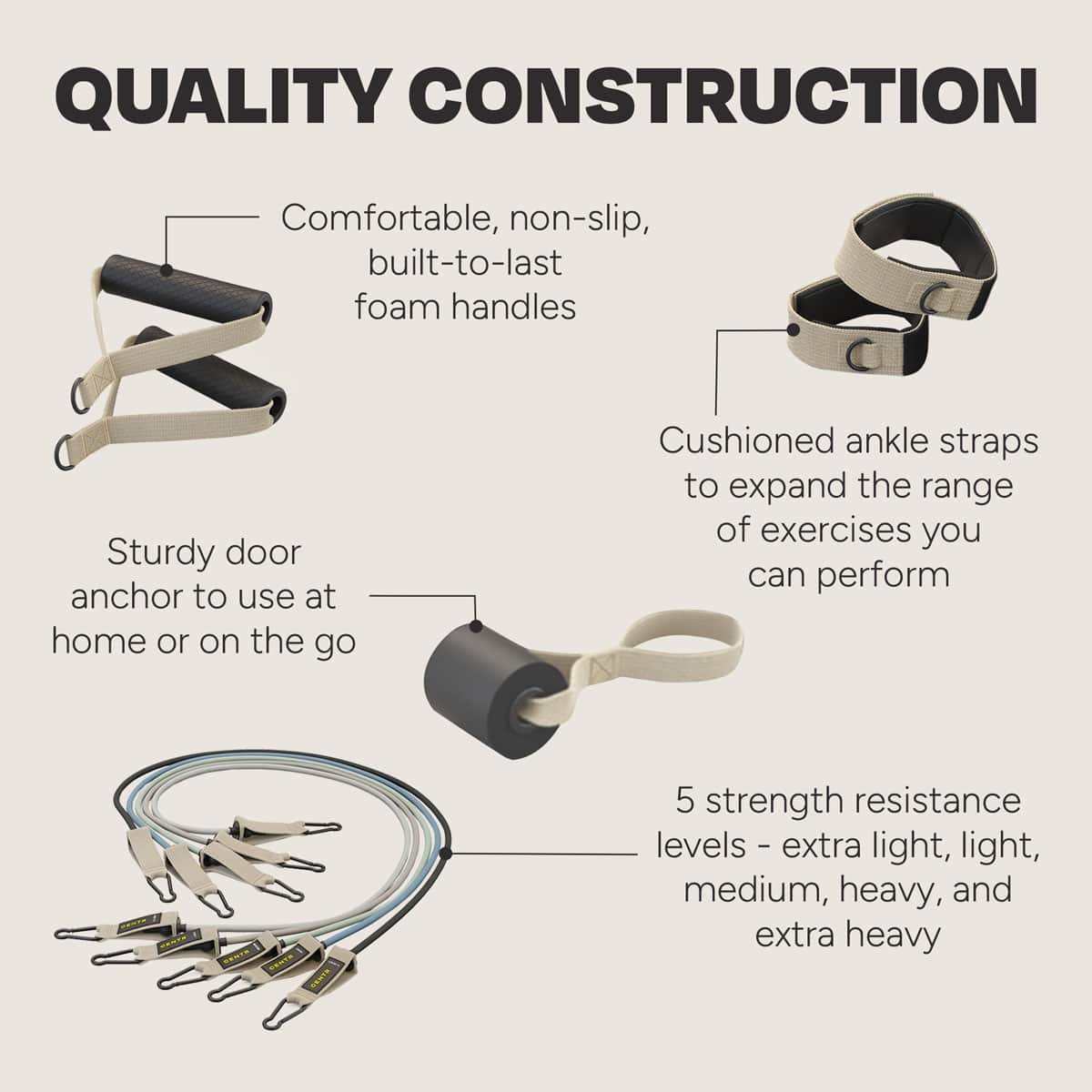 QUALITY CONSTRUCTION: Comfortable, non-slip, built-to-last foam handles. Sturdy door anchor to use at home or on the go. Cushioned ankle straps to expand the range of exercises you can perform. 5 strength resistance levels: extra light, light, medium, heavy, and extra heavy.