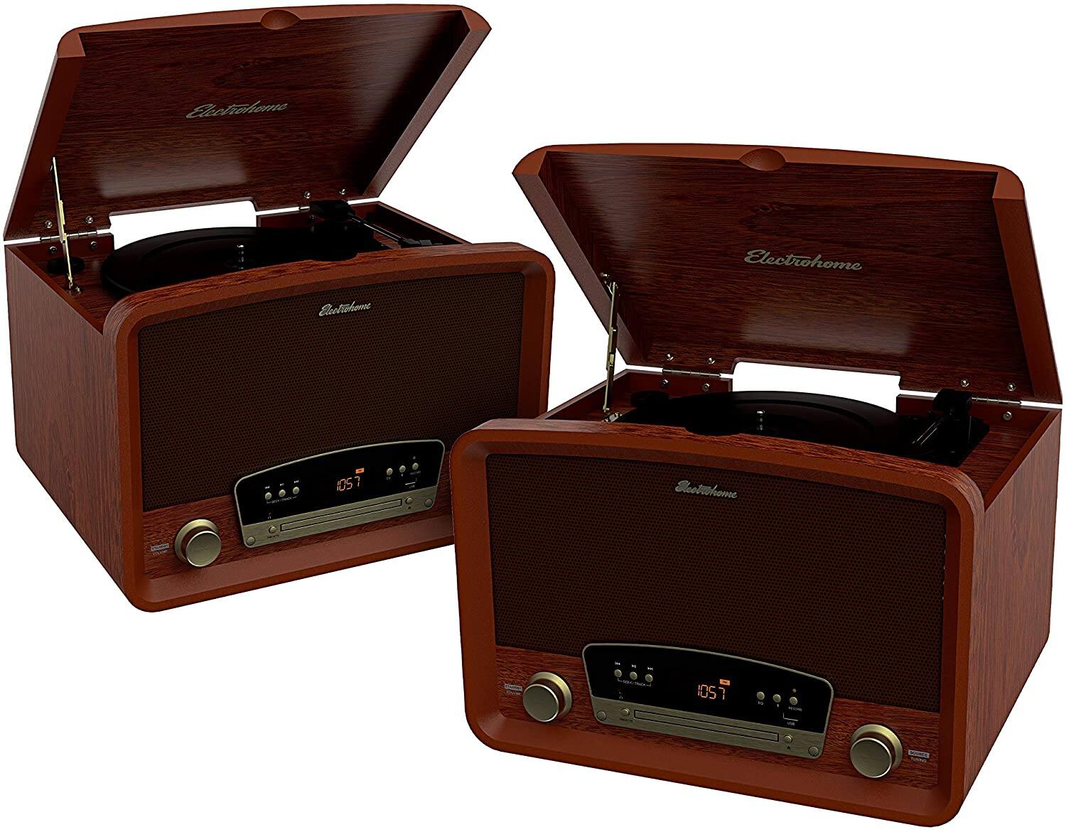 Electrohome - Kingston Vintage Vinyl Record Player Stereo System - 2 PACK - Walnut