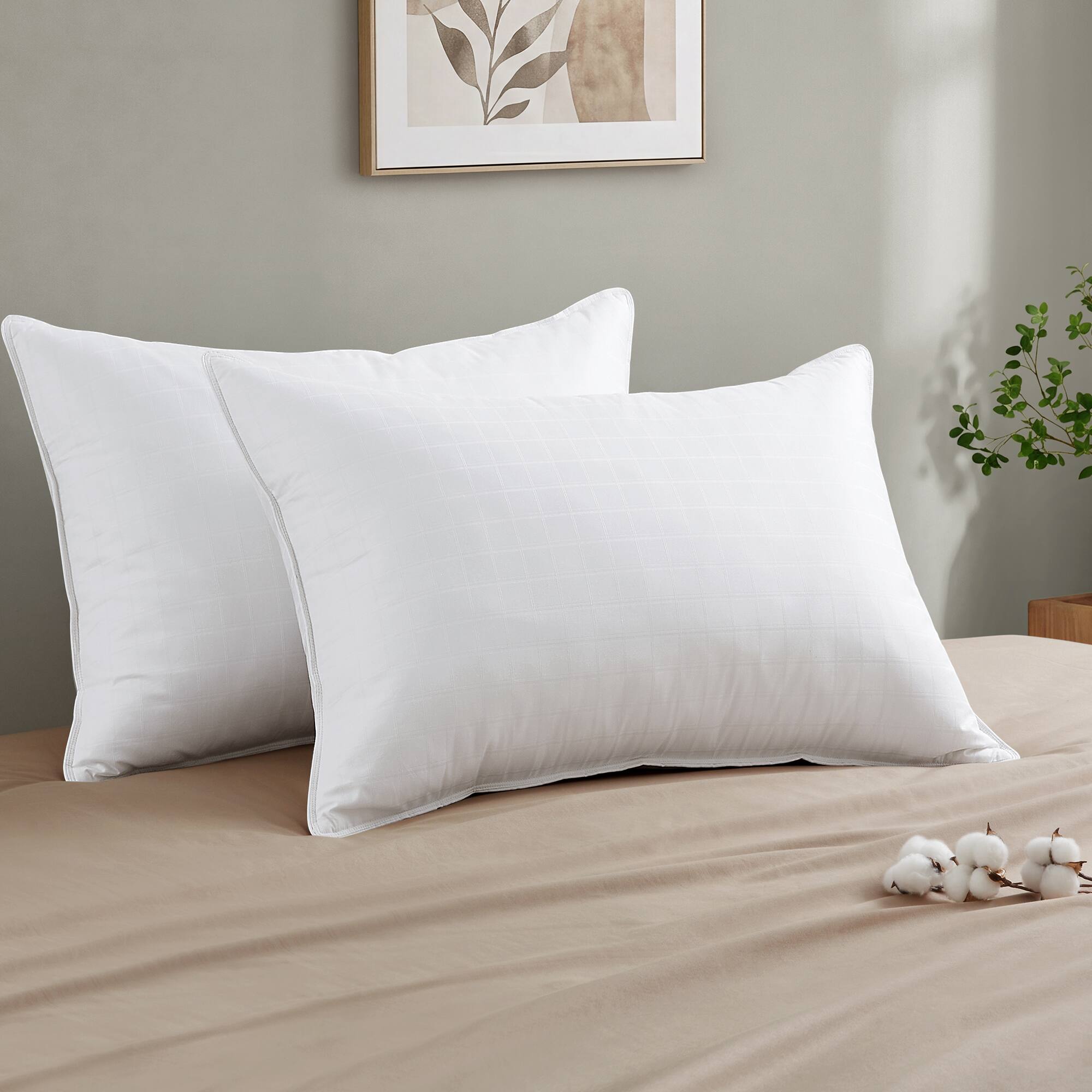 Front. Peace Nest - Peace Nest Cotton Jacquard Medium-Firm Goose Feather Bed Pillows Set of 2, Queen - White.