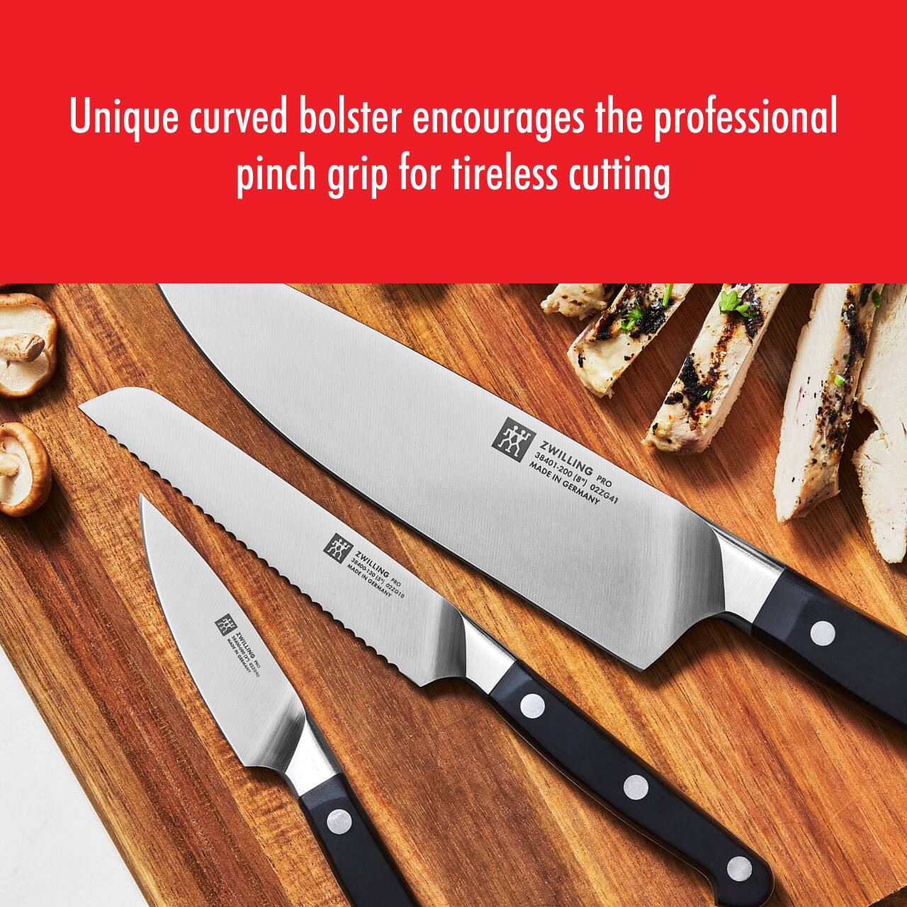 Unique curved bolster encourages the professional pinch grip for tireless cutting

ZWILLING PRO  
MADE IN GERMANY  
022041