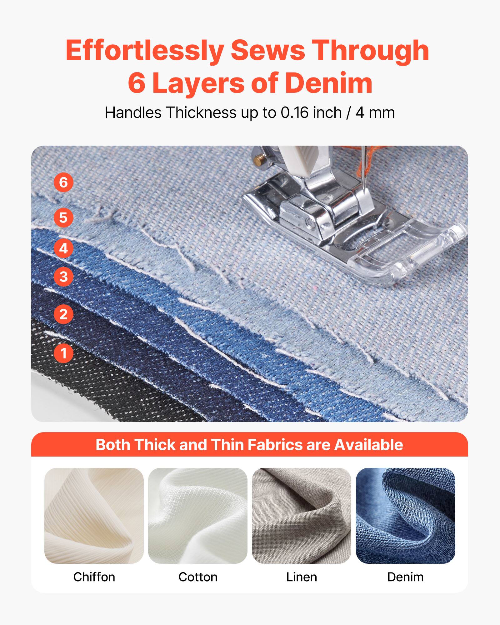 Effortlessly Sews Through  
6 Layers of Denim  
Handles Thickness up to 0.16 inch / 4 mm  

Both Thick and Thin Fabrics are Available  
Chiffon  
Cotton  
Linen  
Denim