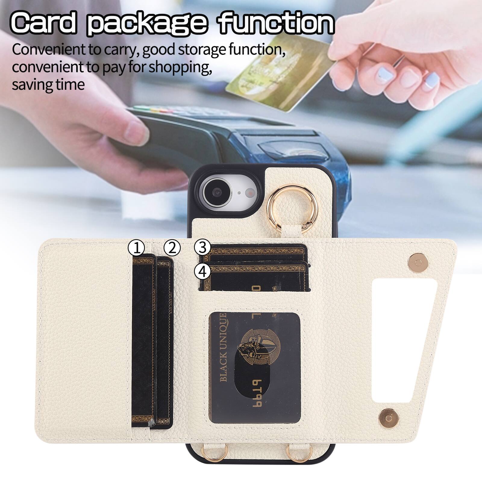 Card package function  
Convenient to carry, good storage function, convenient to pay for shopping, saving time  

1 2 3 4  
UNIQUE BLACK L PPT