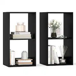 Gymax - 2PCS 2-Cube Bookshelf Modern Vertical Bookcase w/ Anti-tipping Kits - Black