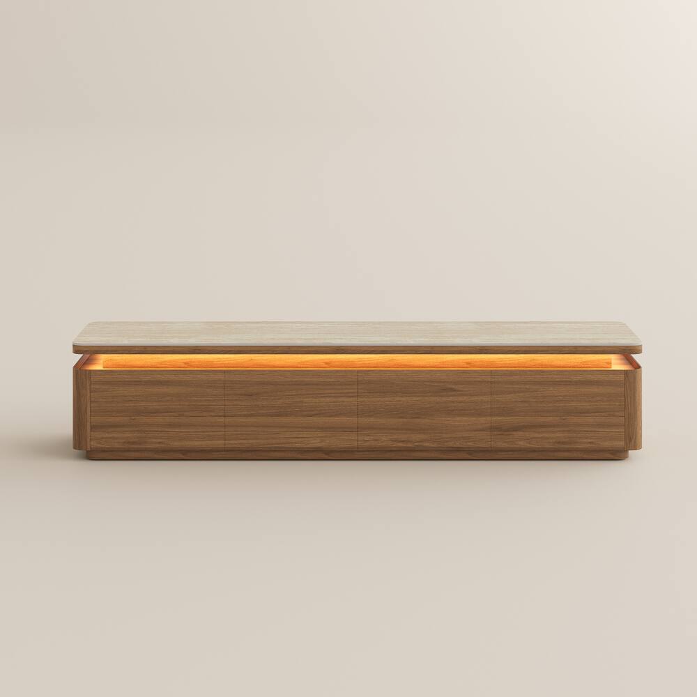 Alt View 7. POVISON - 79" Fully Assembled Walnut Matte Sintered Stone Mid-Century TV Stand with LED Lights and Drawers for 65 to 75 In TVs - Walnut Color MDF.