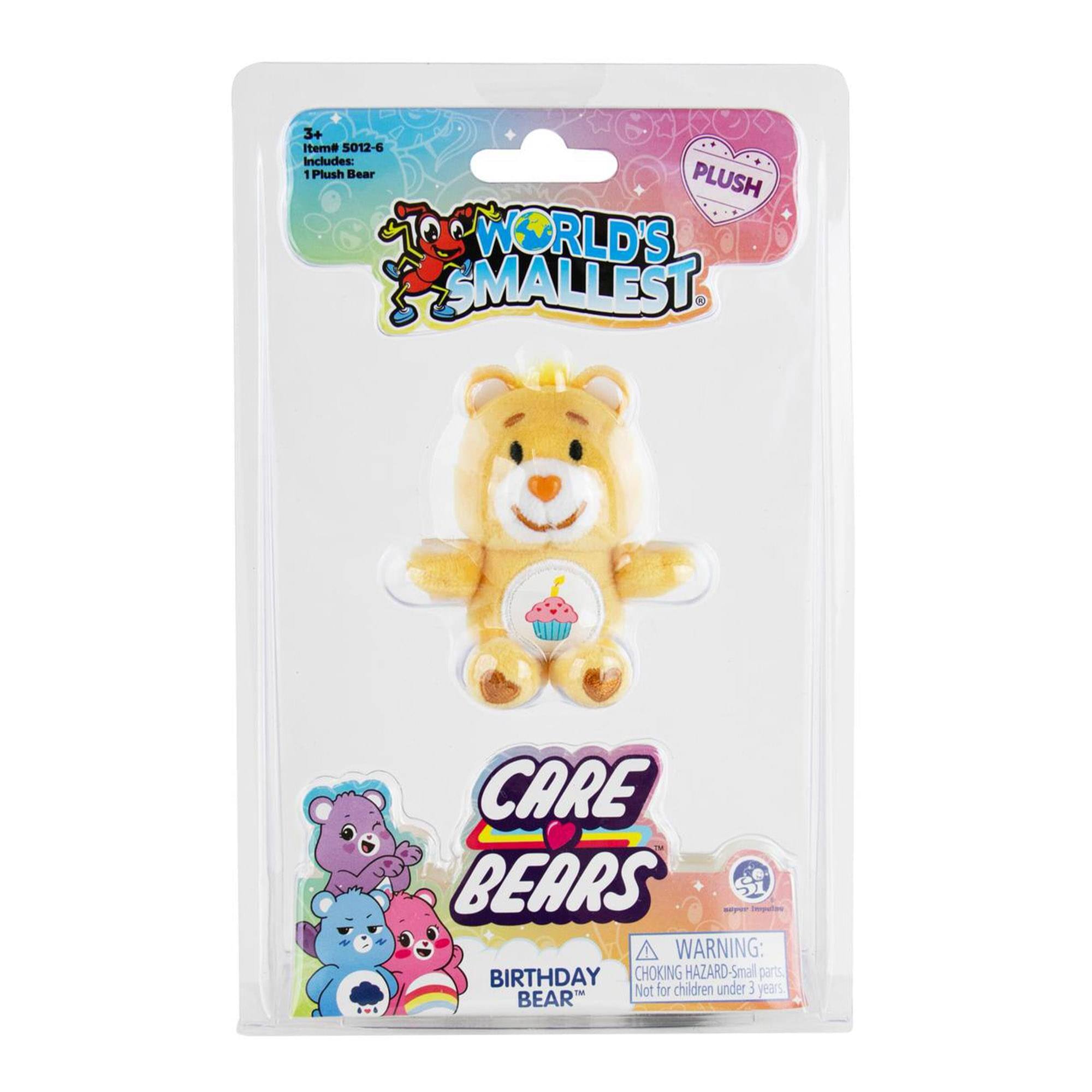 3+ Item 5012-6 Includes: 1 Plush Bear

PLUSH WORLD'S SMALLEST CARE BEARS

WARNING: BIRTHDAY CHOKING HAZARD - Small parts. Not for children under 3 years

CARE BEARS BIRTHDAY BEAR™