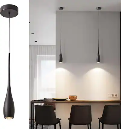Front. FINEAK - Black LED Dimmable Pendant Light for Kitchen Island - Small Modern Industrial Hanging Fixture (1-Pack) - Black.