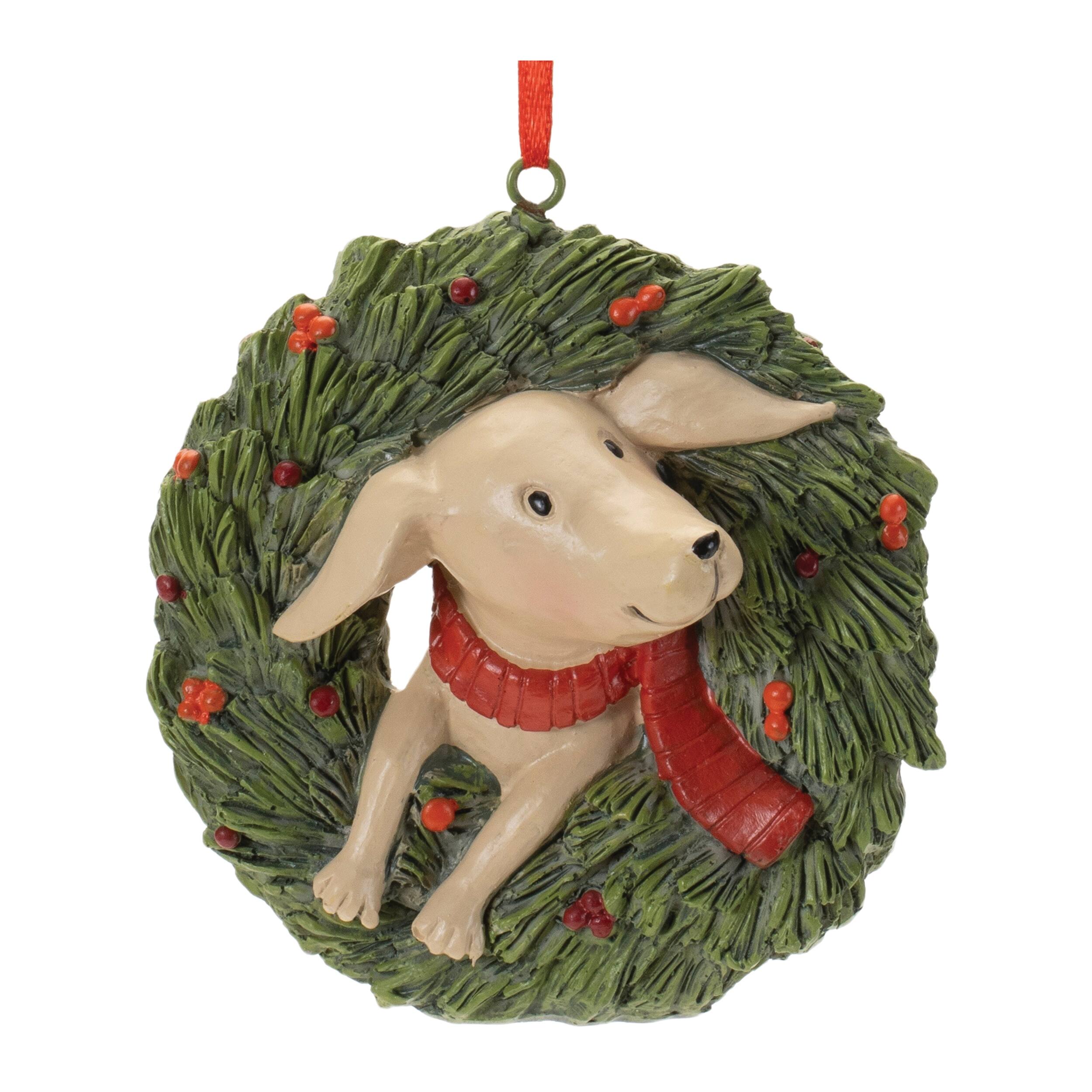Left. BreeBe - Playful Cat and Dog in Pine Wreath Ornament (Set of 4) - Green, Beige.