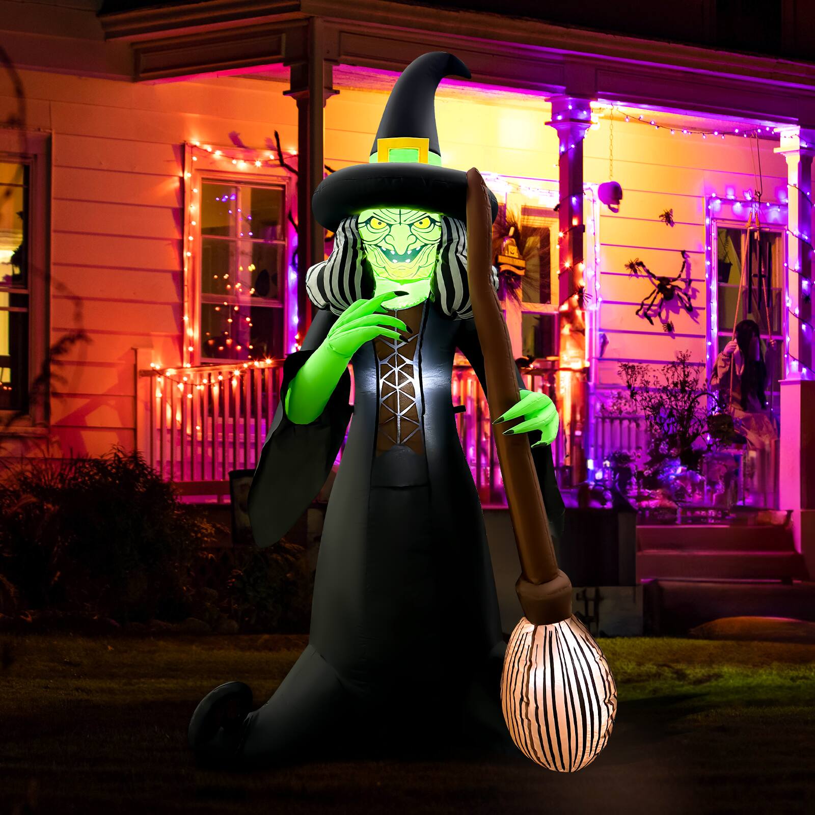Left. GOOSH Inflatables - GOOSH 6FT Inflatable Witch with Broom – Light-Up Halloween Yard Decoration - Black.