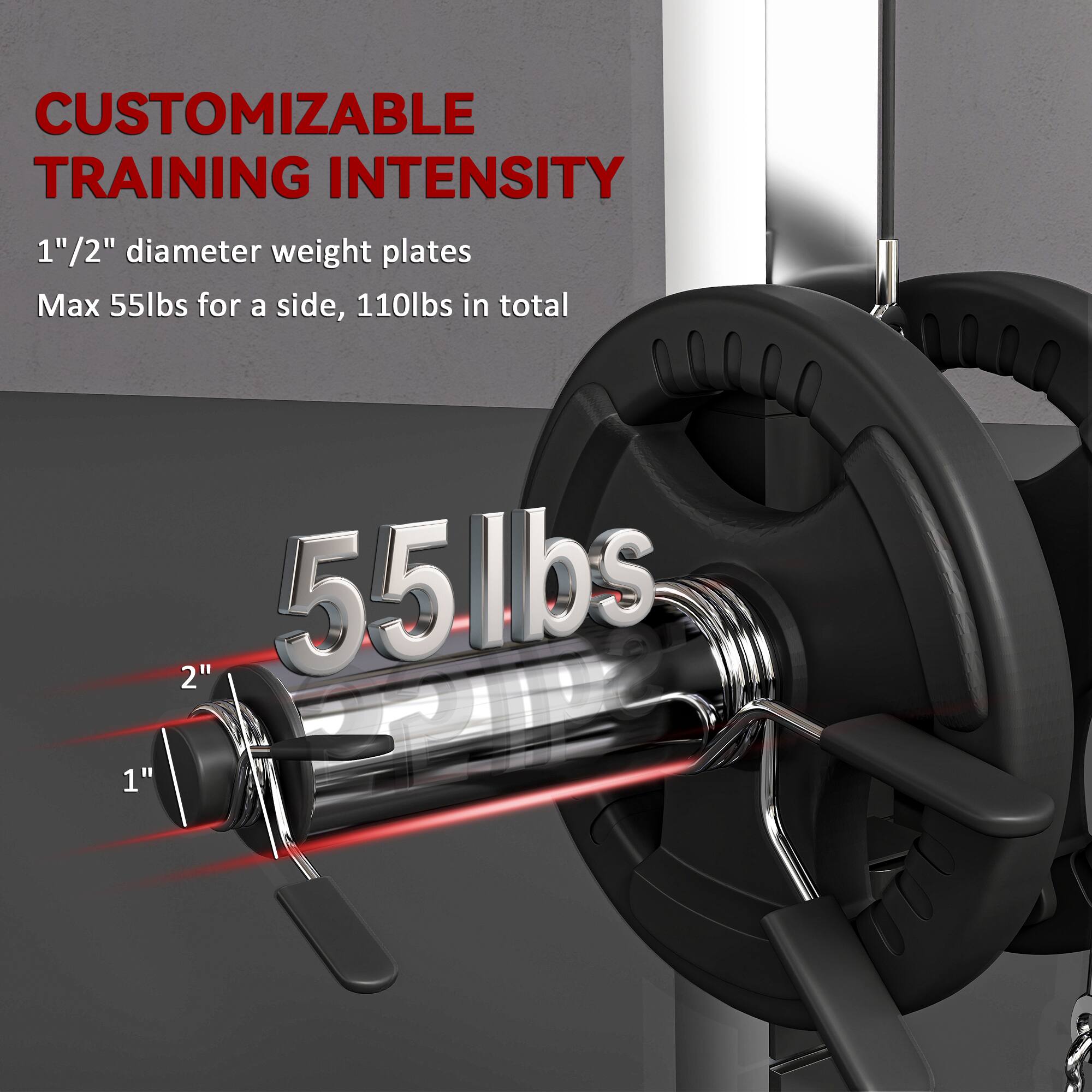 CUSTOMIZABLE TRAINING INTENSITY

1" 1/2" diameter weight plates

Max 55lbs for a side, 110lbs in total

55lbs

2" 55lbs

1"