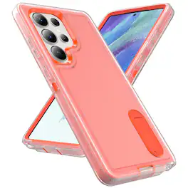 Dteck - Heavy Duty Case for Samsung Galaxy S25 Ultra w/ Foldable Kickstand,Dual-Layer Shockproof Hard PC Soft Silicone Cover - Clear/Orange
