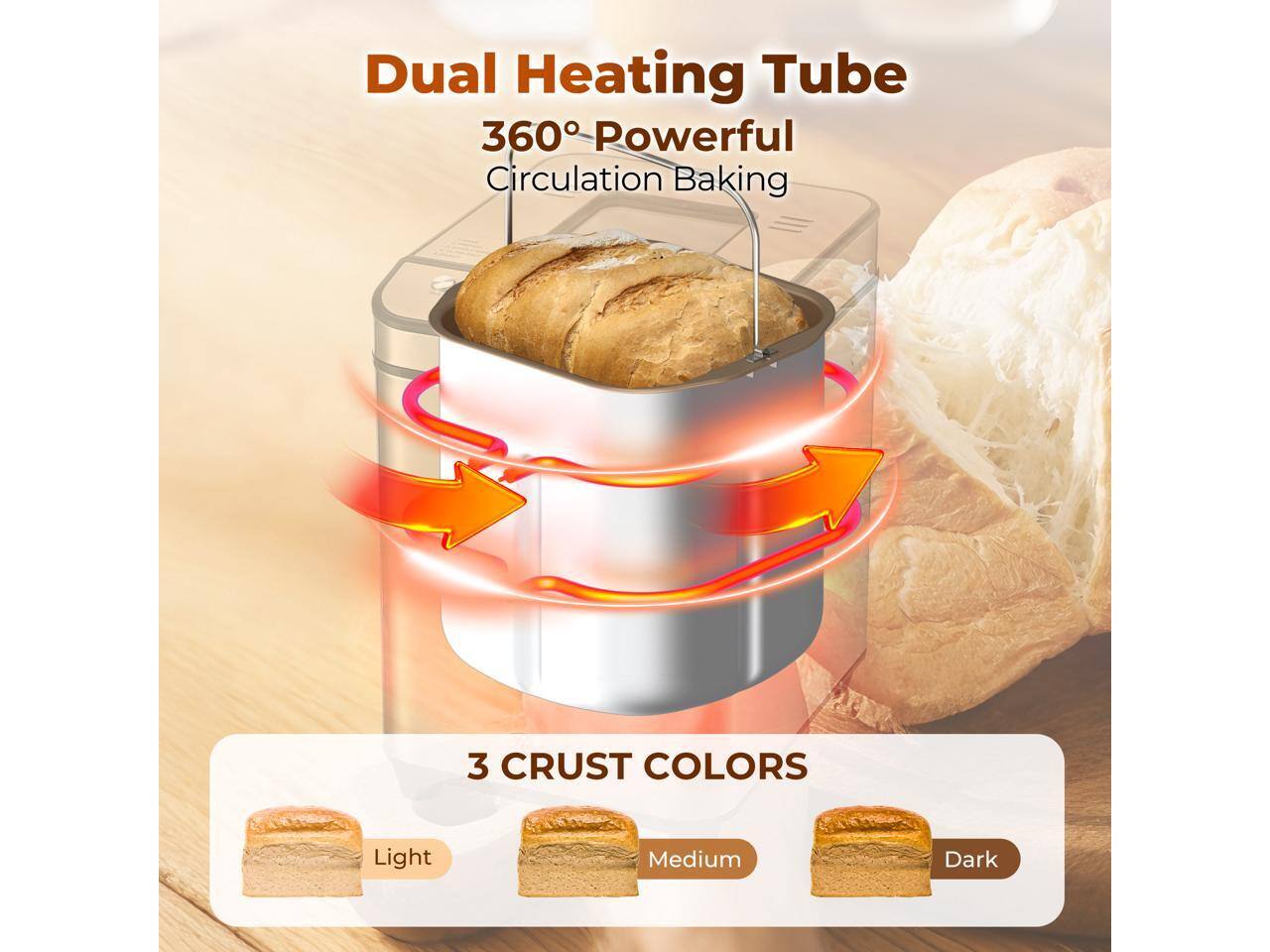 Dual Heating Tube  
360° Powerful Circulation Baking  
3 CRUST COLORS  
Light  
Medium  
Dark