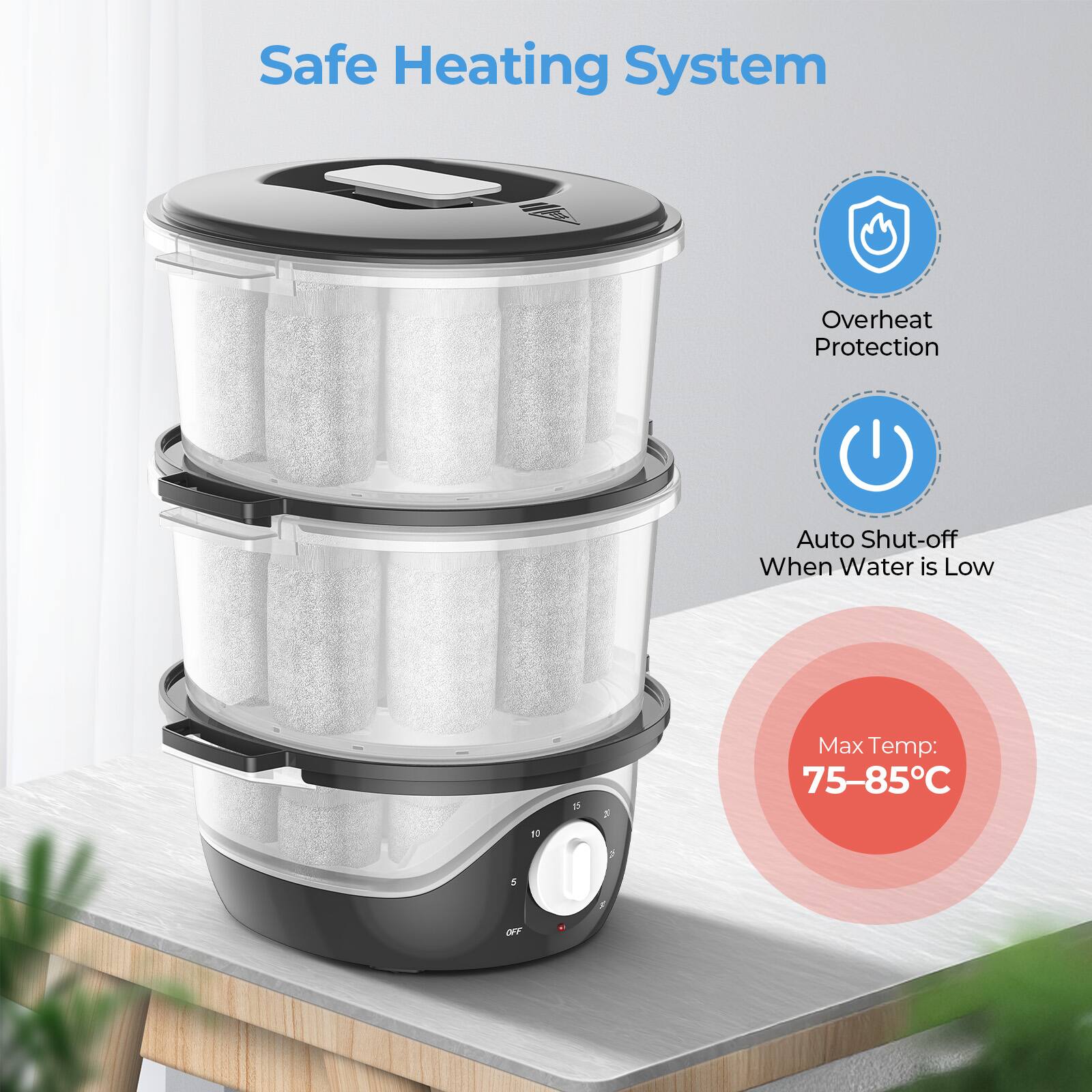 Safe Heating System

- Overheat Protection
- Auto Shut-off When Water is Low
- Max Temp: 75–85°C