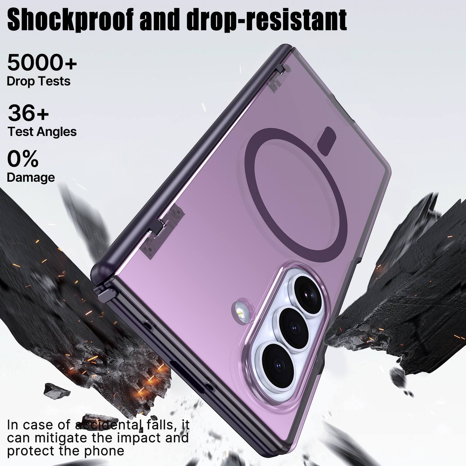 Shockproof and drop-resistant

5000+ Drop Tests  
36+ Test Angles  
0% Damage  

In case of accidental falls, it can mitigate the impact and protect the phone