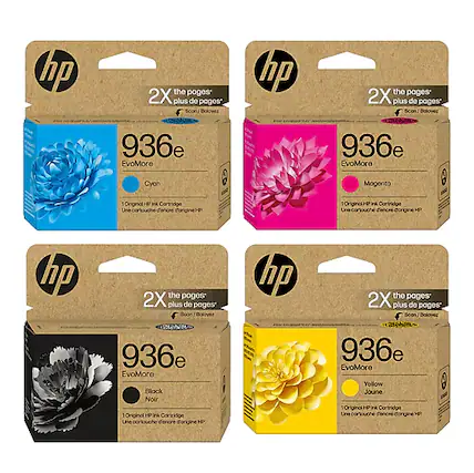 Sure, here is the corrected and grouped text:
---
**hp**
**936e EvoMore**
- Cyan
- 1 Original HP Ink Cartridge
- Une cartouche d'encre d'origine HP
**hp**
**936e EvoMore**
- Magenta
- 1 Original HP Ink Cartridge
- Une cartouche d'encre d'origine HP
**hp**
**936e EvoMore**
- Black
- 1 Original HP Ink Cartridge
- Une cartouche d'encre d'origine HP
**hp**
**936e EvoMore**
- Yellow
- 1 Original HP Ink Cartridge
- Une cartouche d'encre d'origine HP
---
**2X the pages**
**plus de pages**
**Scan Boloyez**
**Soon Balovez**
---
**936e EvoMore**
**Cyan Magenta**
**Block Noir**
**Yellow Jaune**
---