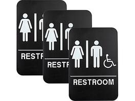 Excello Global Products - Restroom Sign with Braille Indoor/Outdoor Wall Sign, 6" x 9", 3/Pack - Black/White
