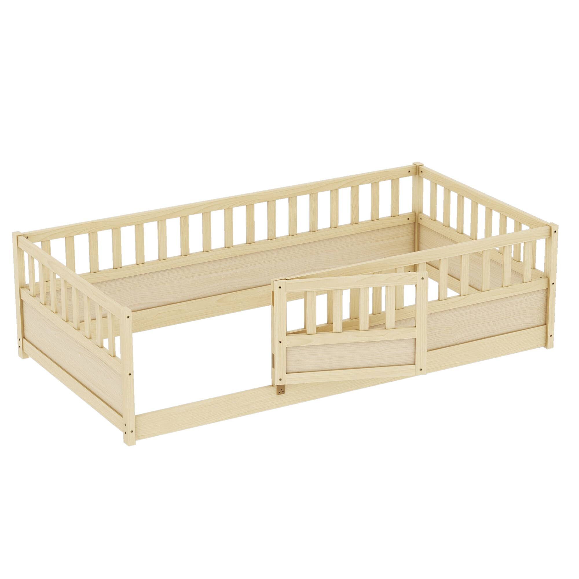 Alt View 9. GOODSILO - Twin Size Floor Bed with Safety Barrier and Door for Children, Montessori Inspired Wooden Frame - Natural Wood.