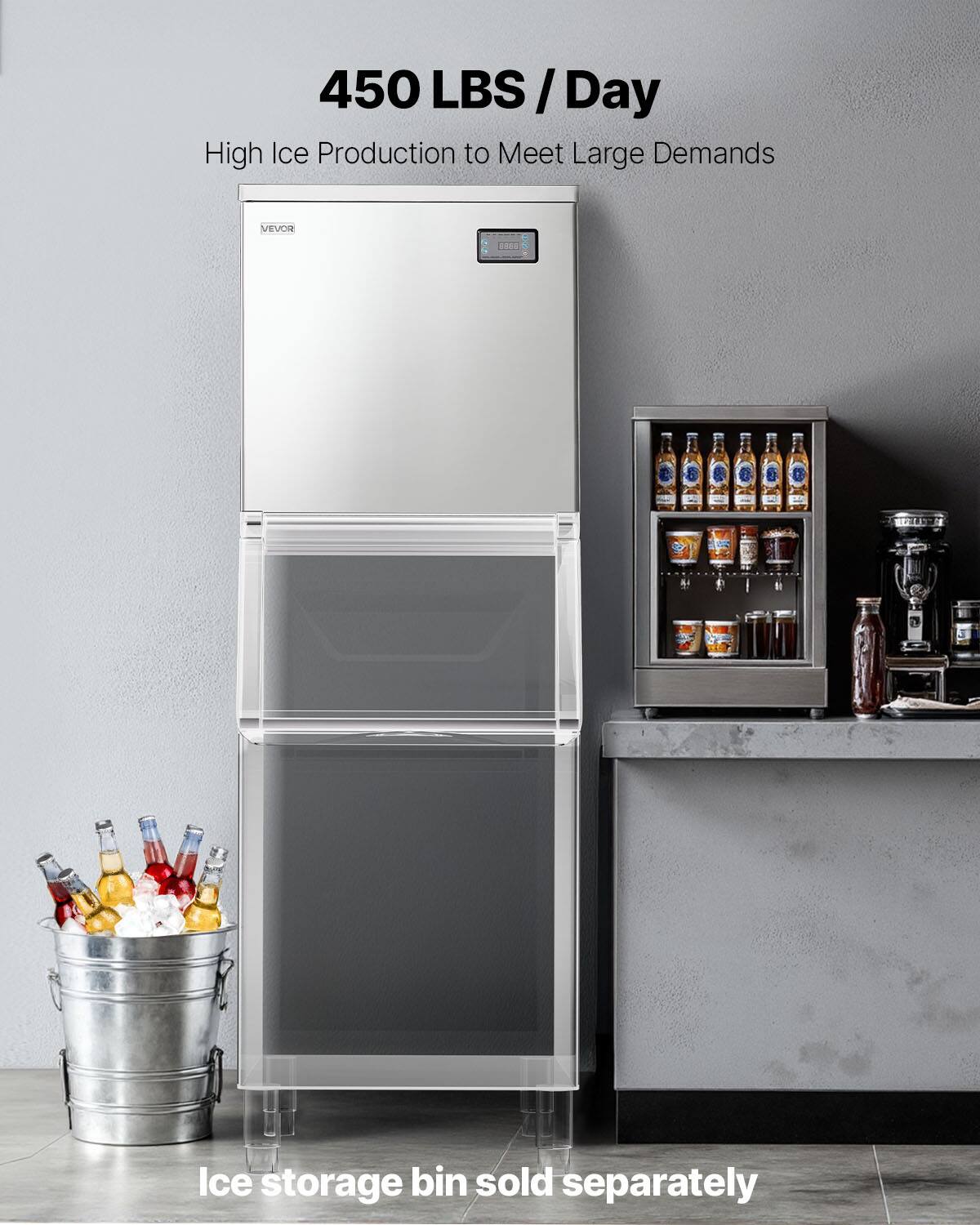 450 LBS / Day  
High Ice Production to Meet Large Demands  

VEVOR  
2018  

Ice storage bin sold separately