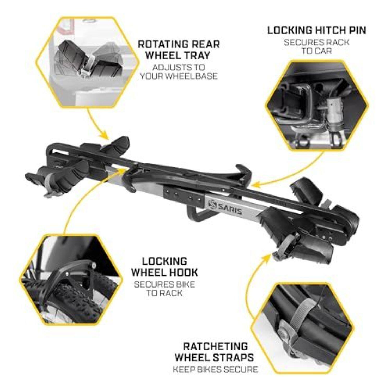 ROTATING REAR WHEEL TRAY ADJUSTS TO YOUR WHEELBASE  
LOCKING HITCH PIN SECURES RACK TO CAR  
LOCKING WHEEL HOOK SECURES BIKE TO RACK  
RATCHETING WHEEL STRAPS KEEP BIKES SECURE
