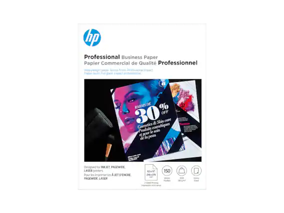 **HP Professional Business Paper**
Papier Commercial de Qualité Professionnel
Heavyweight paper. Glossy finish. Professional impact.
Papier lourd. Fini glacé. Impact professionnel.
Designed for INKJET, PAGEWIDE, LASER printers
Pour les imprimantes JET D'ENCRE, PAGEWIDE, LASER
8.5x11"
216x279 mm
150 Sheets
Feuilles
2-Sided Printing
Impression recto verso
Glossy
Glacé
48 lb
180 g/m²
30% OFF
RABAIS DE 30%
Cosmetics & Skin care
Produits cosmétiques et pour le soin de la peau