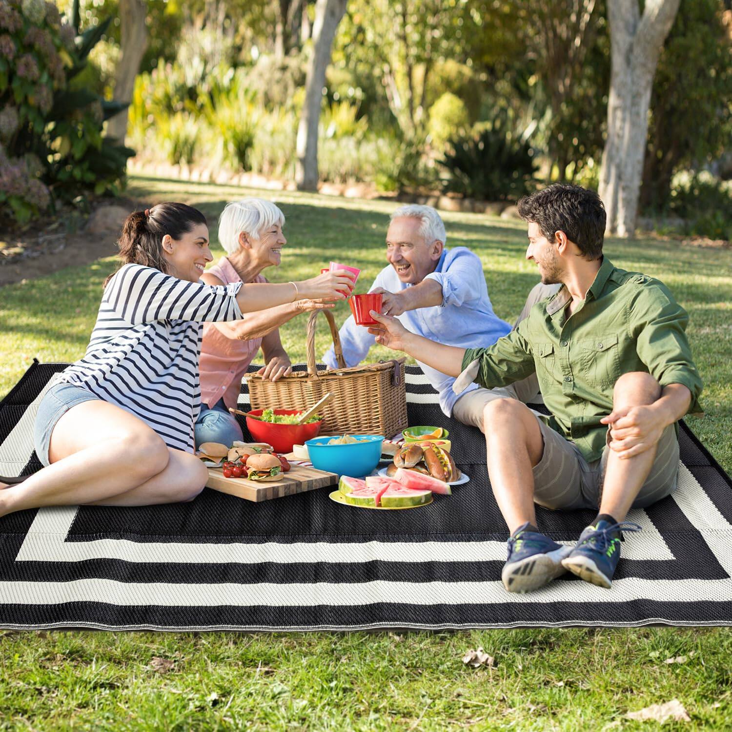 Back. Reds Spade - Outdoor Rug Carpet Waterproof Reversible Mats Ft Patio Rv Camping Plastic Straw Area For Balcony Picnic Bea... - Black and White-5' x 8' (Rectangular).