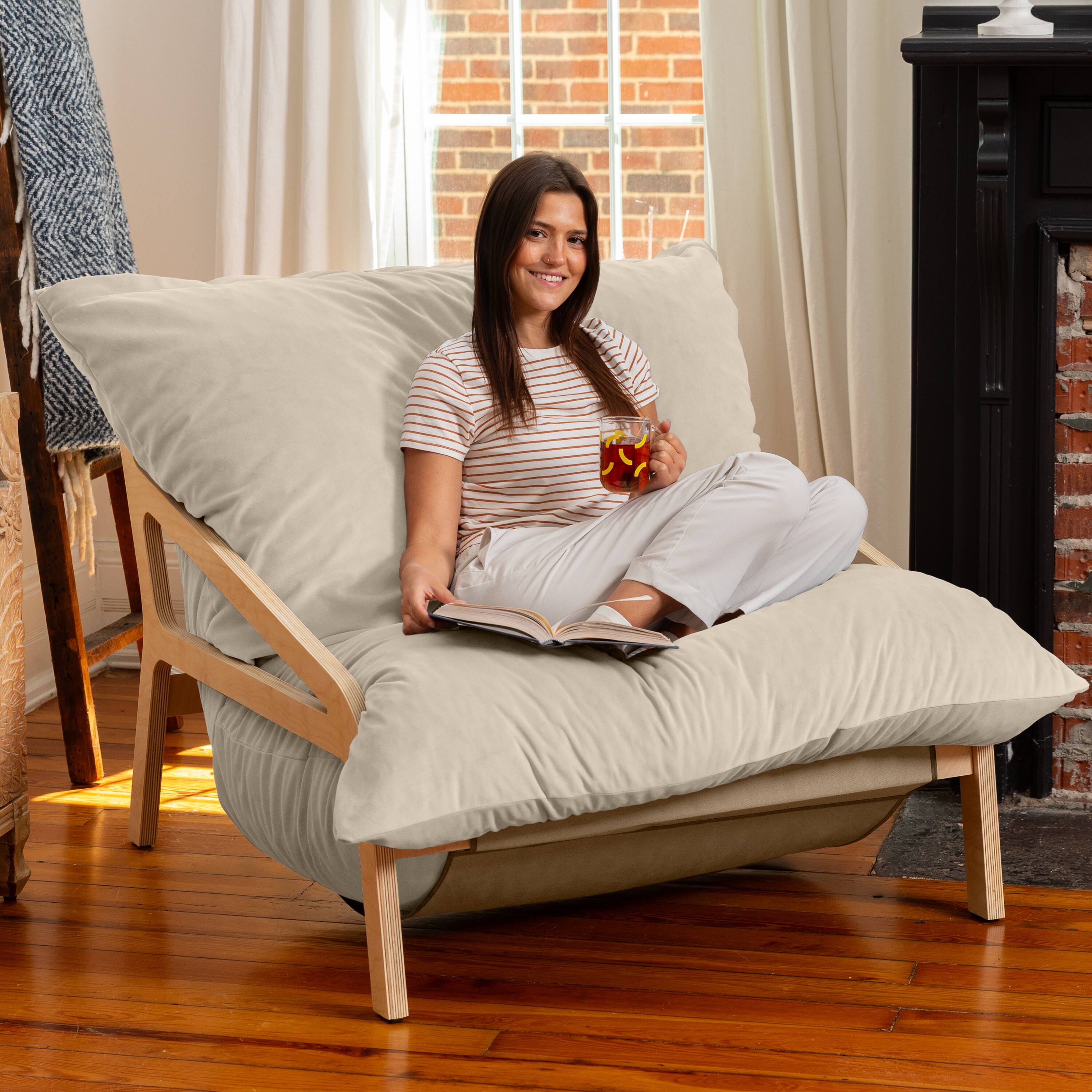Left. Jaxx - Pillow Saxx Dream Lounger with Wood Frame - 3-in-1 Bean Bag Accent Chair, Recliner & Sleeper, Lush Velvet Ivory - Lush Velvet Ivory.
