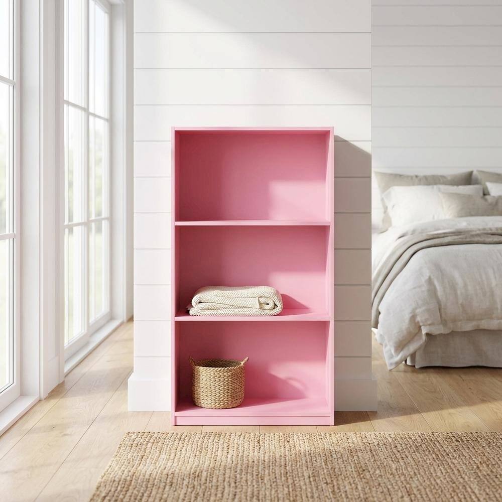 Angle. FurniFact - Pink 3-Tier Bookcase with Multi-Level Storage and Sturdy Wood Construction - Pink.