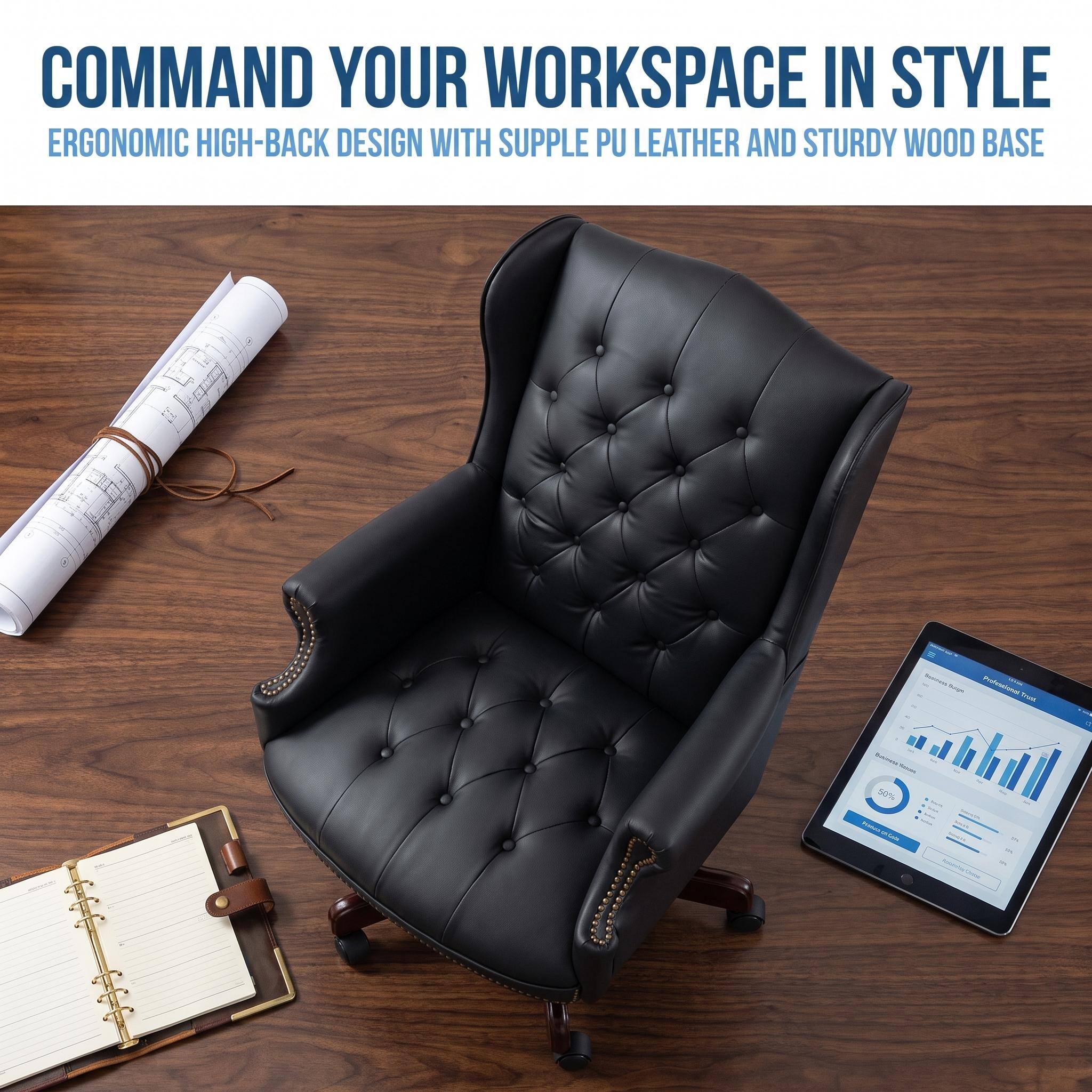 COMMAND YOUR WORKSPACE IN STYLE  
ERGONOMIC HIGH-BACK DESIGN WITH SUPPLE PU LEATHER AND STURDY WOOD BASE