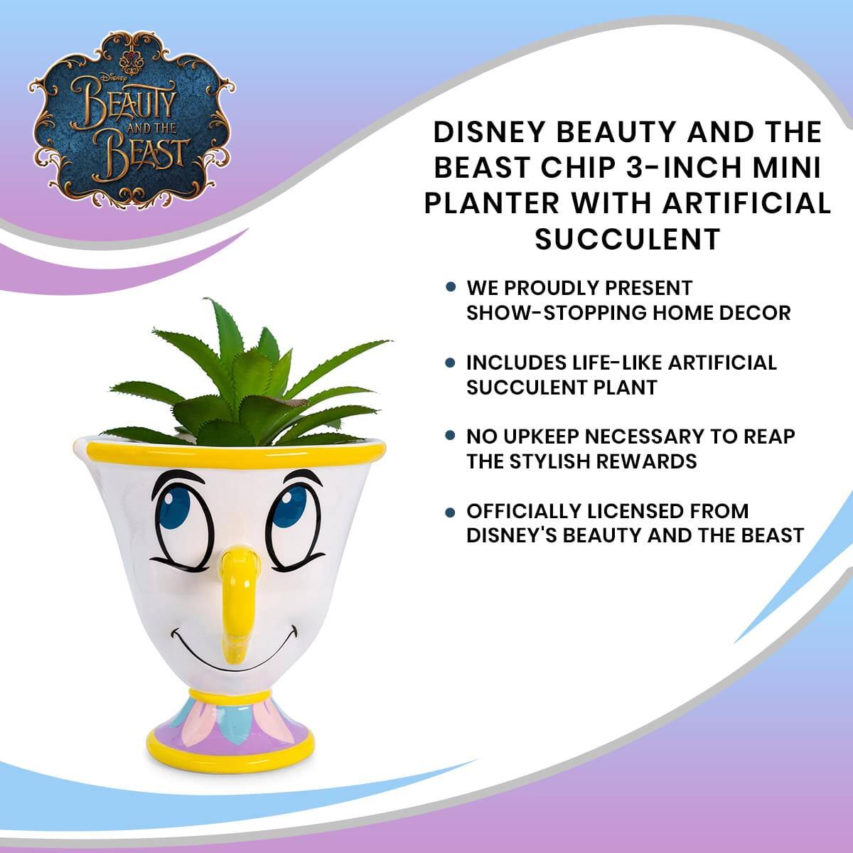 Disney Beauty and the Beast Chip 3-Inch Mini Planter with Artificial Succulent

- We proudly present show-stopping home decor
- Includes life-like artificial succulent plant
- No upkeep necessary to reap the stylish rewards
- Officially licensed from Disney's Beauty and the Beast