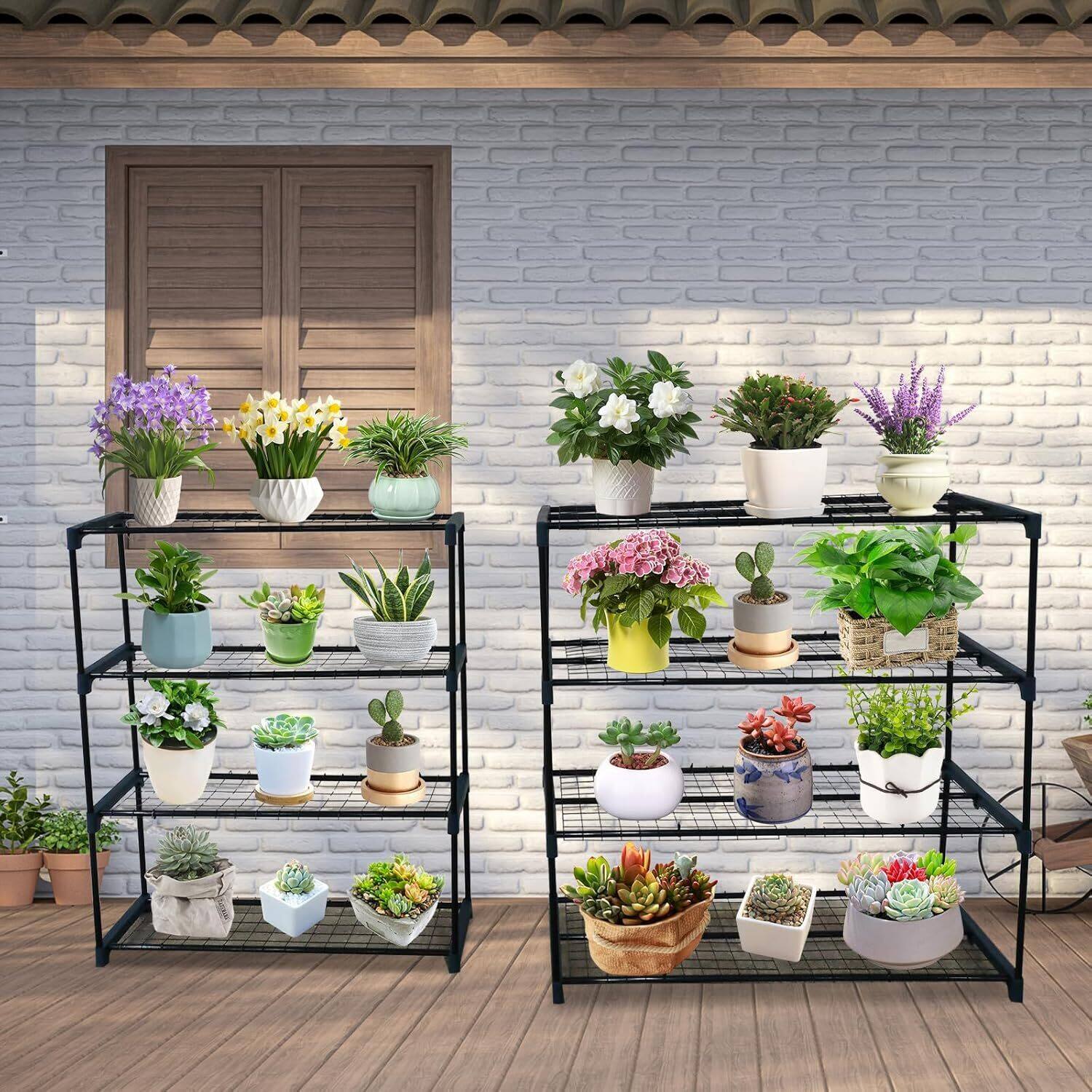 Left. GARVEE - Shelves for Plants,4 Tier 2 Pack Plant Display Rack Shelf Stand,Home Storage Organizer Shelf Unit, Flower Pot Holder - Green.