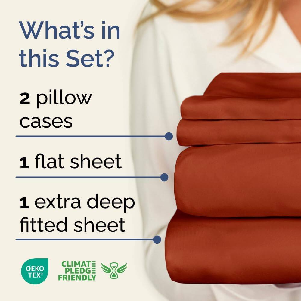 What's in this Set?

2 pillow cases

1 flat sheet

1 extra deep fitted sheet

CLIMATE PLEDGE FRIENDLY

OEKO TEX