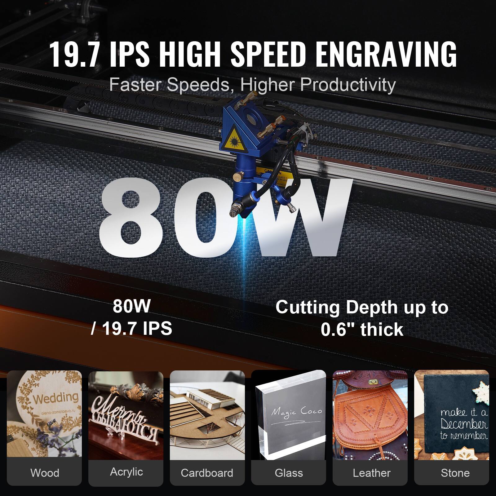 19.7 IPS HIGH SPEED ENGRAVING  
Faster Speeds, Higher Productivity  

80W / 19.7 IPS  

Cutting Depth up to 0.6" thick  

Wood  
Acrylic  
Cardboard  
Glass  
Leather  
Stone  

Wedding  
Merry Christmas  
Magic Coco  
make it a December to remember