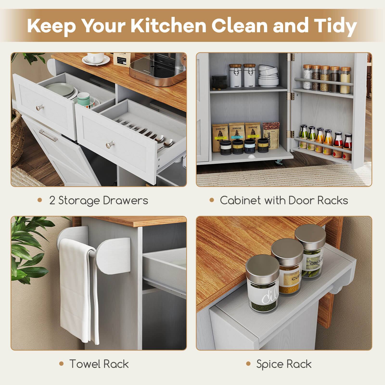 Keep Your Kitchen Clean and Tidy

- 2 Storage Drawers
- Cabinet with Door Racks
- Towel Rack
- Spice Rack