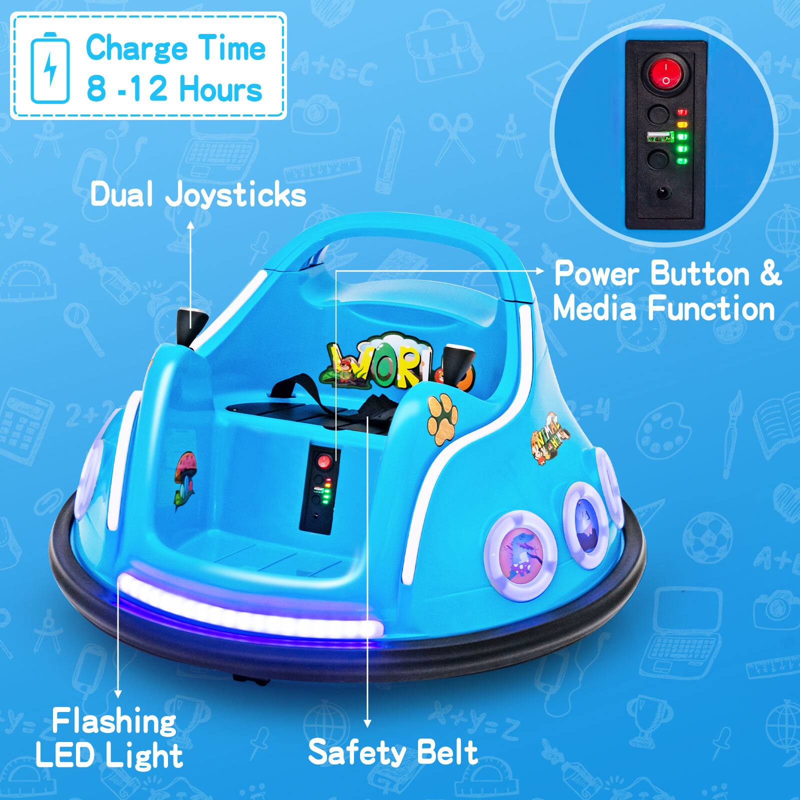 - Charge Time: 8 - 12 Hours
- Dual Joysticks
- Power Button & Media Function
- Flashing LED Light
- Safety Belt