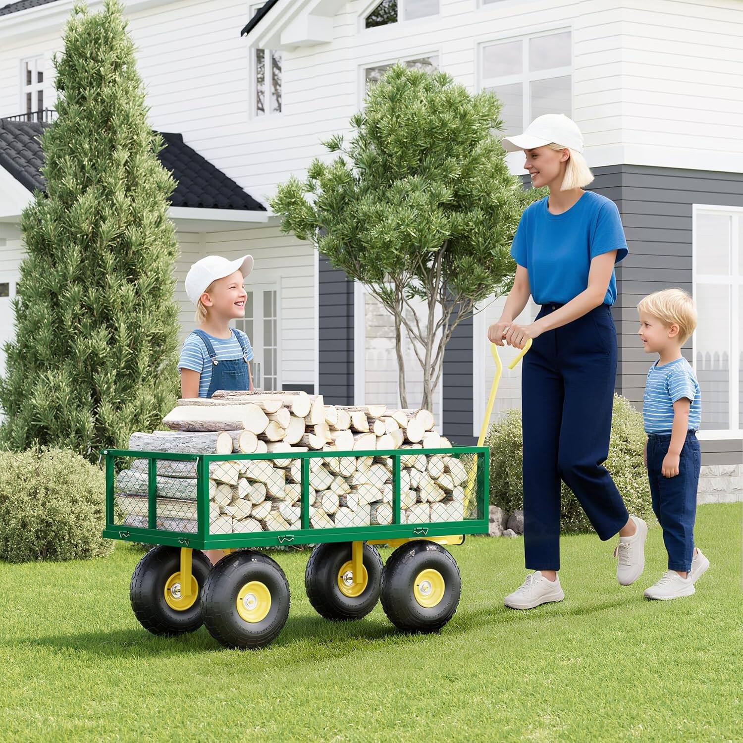 Alt View 4. Acekool - Yard Cart, 900 LBS Capacity, 10" Pneumatic Tires, Convertible Flatbed, Heavy Duty Steel Utility Wagon, Green - Green.