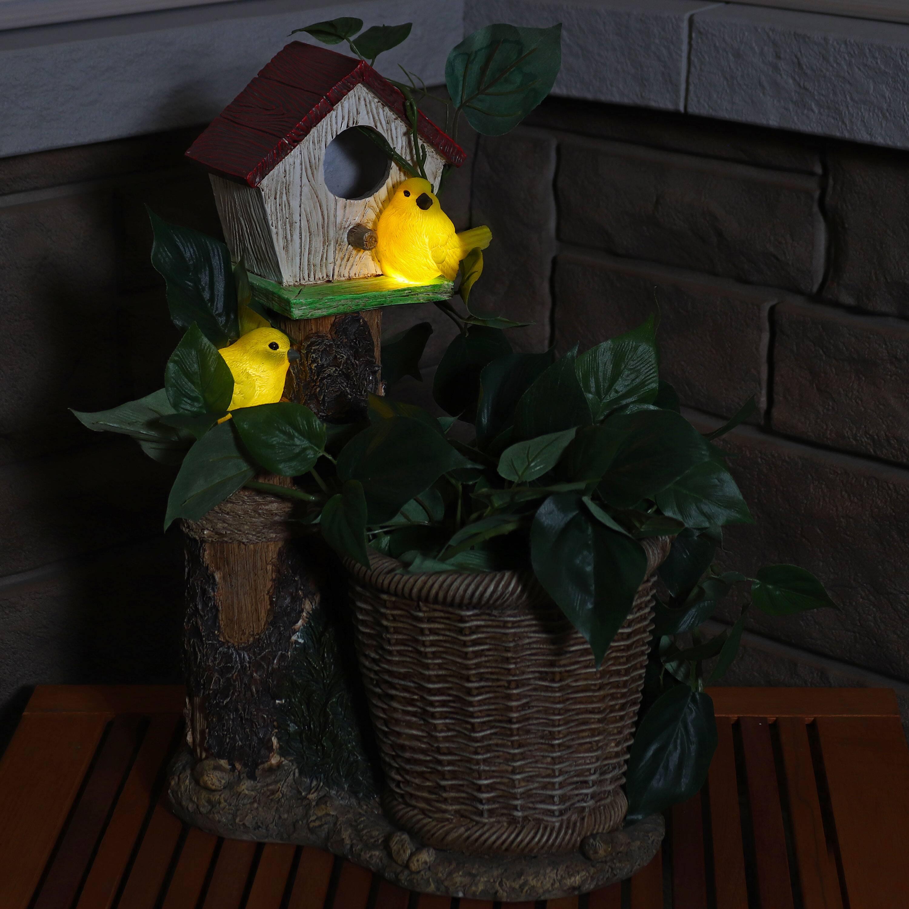 Alt View 4. Sunnydaze - Polyresin Bird House Planter Statue with Solar Lighted Birds - Brown.